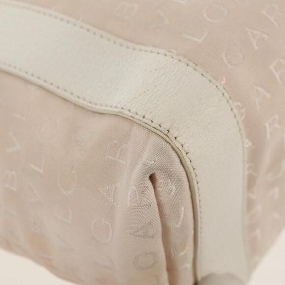 BVLGARI Logo Mania Tote Bag Canvas Leather Beige Silver Auth 158698